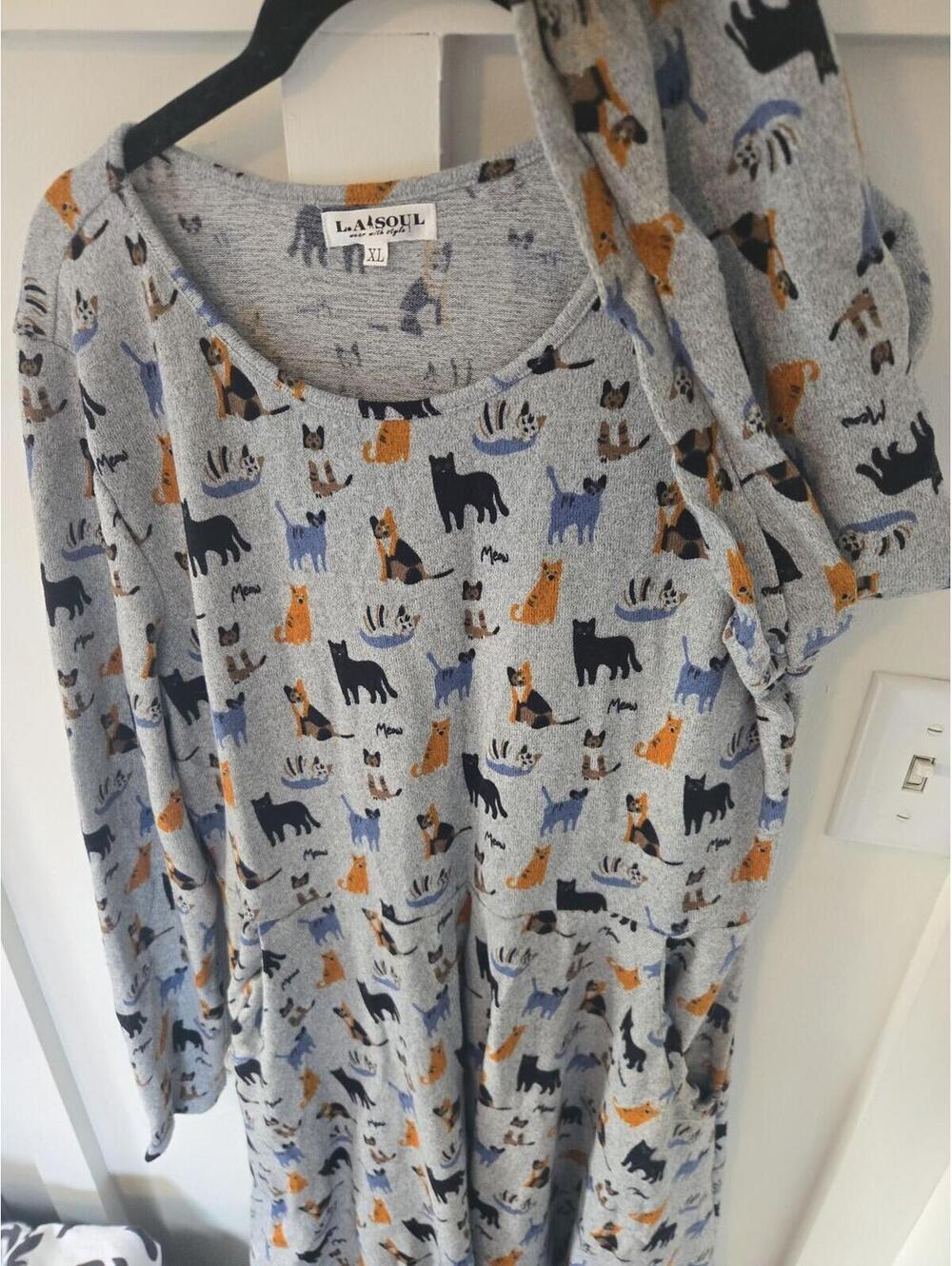 L.A. Soul Gray Cat Print Long Sleeve Fit and Flare Dress XL - Picture 5 of 5
